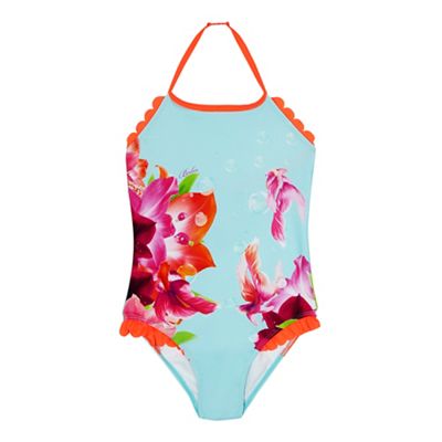 Girls' underwater floral print halter neck swimsuit